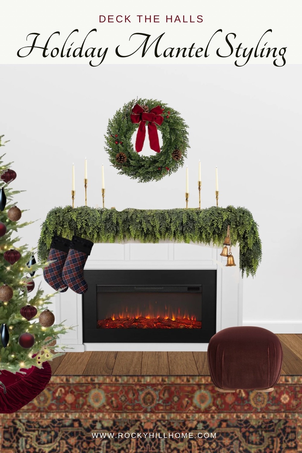 Style a beautiful holiday mantel this Christmas with full cedar garland, metal candlesticks, a festive wreath, and plaid Christmas stockings 

Christmas tree, red velvet tree skirt, burgundy ottoman, red ornaments, pottery barn fireplace, ralph lauren Christmas 

#LTKHoliday #LTKHome #LTKSeasonal