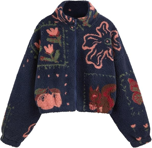 CIDER Sherpa Jacket Women Fleece Jacket Turtle Neck Floral Cropped Graphic Zipper Jacket for Wint... | Amazon (US)