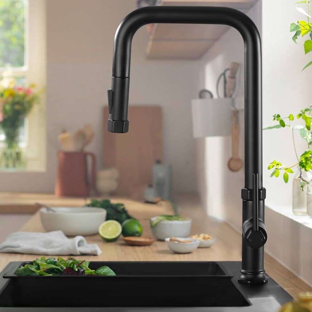 Black Kitchen Faucet, Matte Black Kitchen Faucets with Pull Down Sprayer, Dual-Function Sprayer S... | Amazon (US)