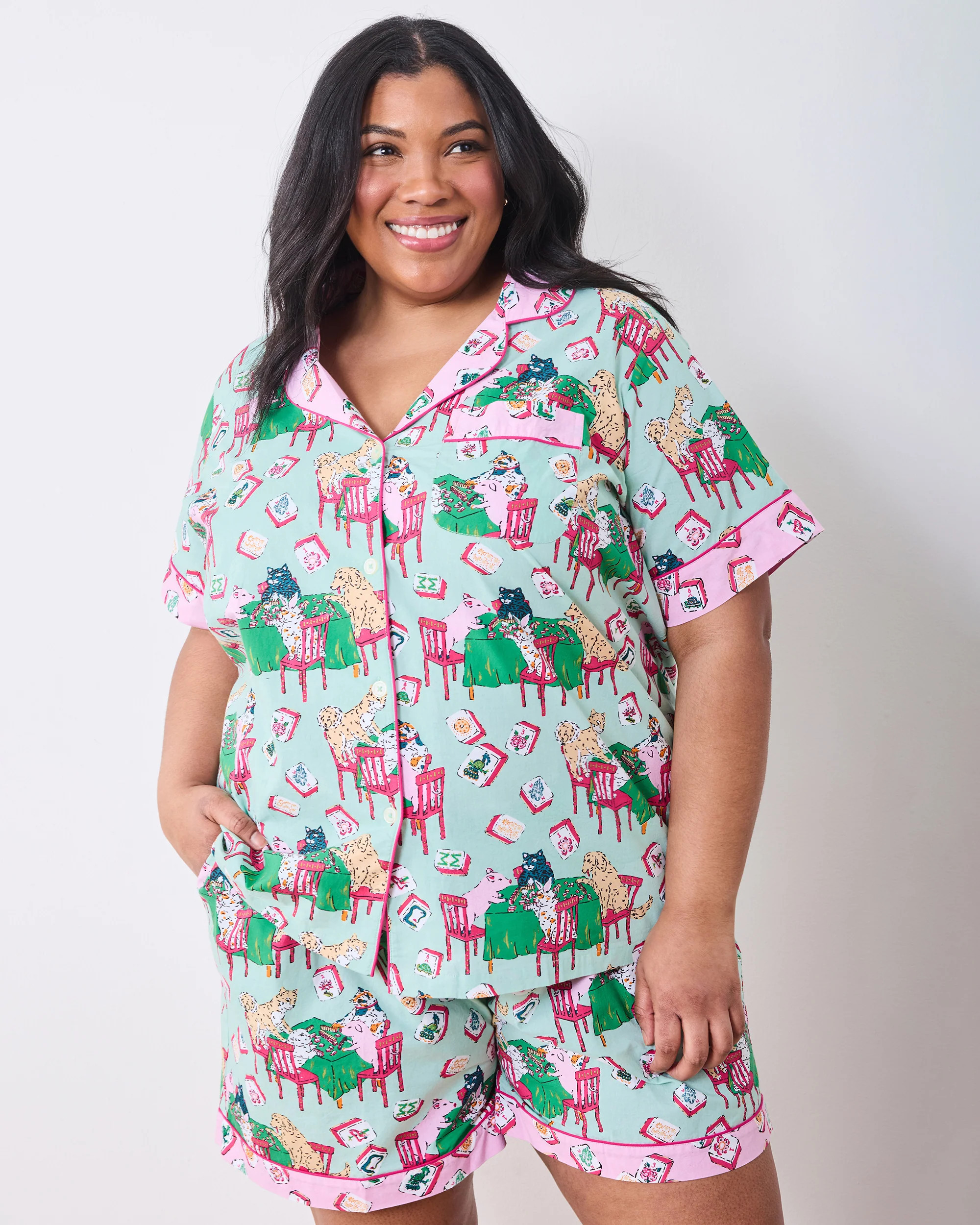 Organic Cotton Short Pajama Set in Mah Jongg Menagerie | Women's Plus Size 5X | Green | | Sleepwear | Printfresh