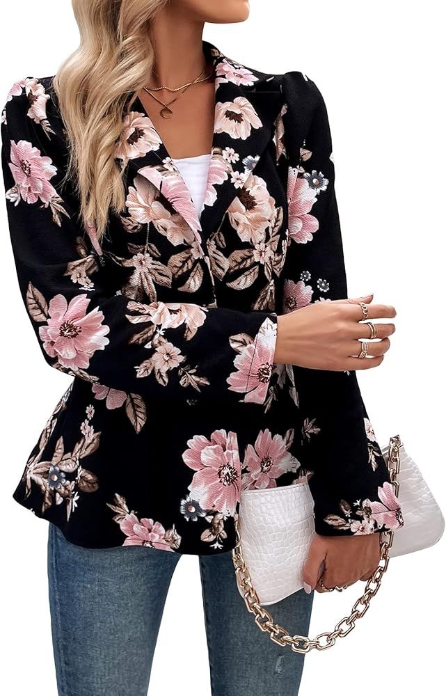 Floerns Women's Floral Print Button Up Long Sleeve Flared Peplum Causal Blazer Jackets | Amazon (US)