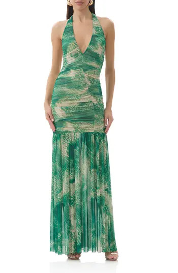 AFRM Lapointe Snakeskin Print Halter Dress in Green Snake at Nordstrom Rack, Size X-Large | Nordstrom Rack