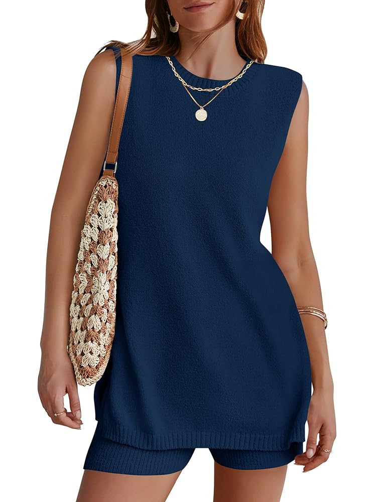 NENONA Women's Summer Sleeveless Sweater Lounge Sets Casual Loose Fit Tunic Tops and Shorts 2 Pie... | Amazon (US)