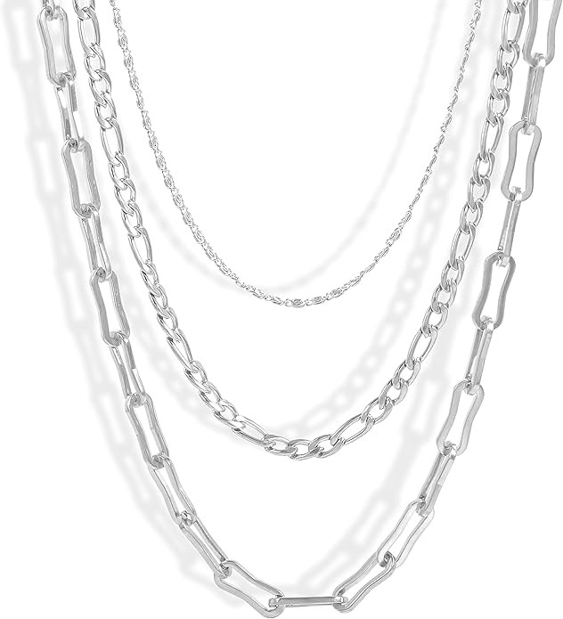 Gold/Silver Stainless Steel Layered Set Necklace Square Linear Paperclip Figaro Chain Flat Chain ... | Amazon (US)