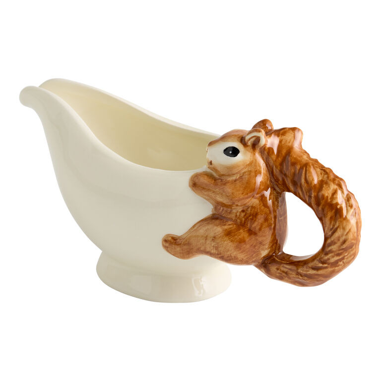 Ivory Ceramic Squirrel Handle Hand Painted Gravy Boat | World Market