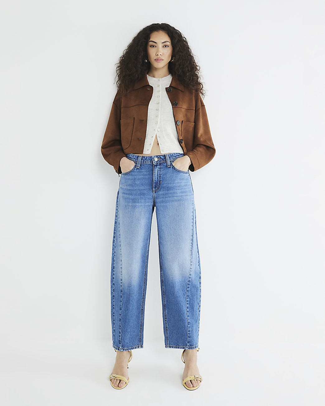 Blue Denim Seamed Barrel Jeans | River Island UK & IE
