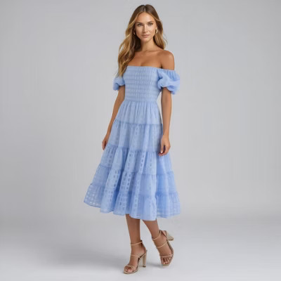 Knit & Lounge Women’s Smocked Off Shoulder Midi Dress Puff Sleeves Tiered Skirt Textured Grid Fabric Romantic Style- Small ,Soft Blue | Target