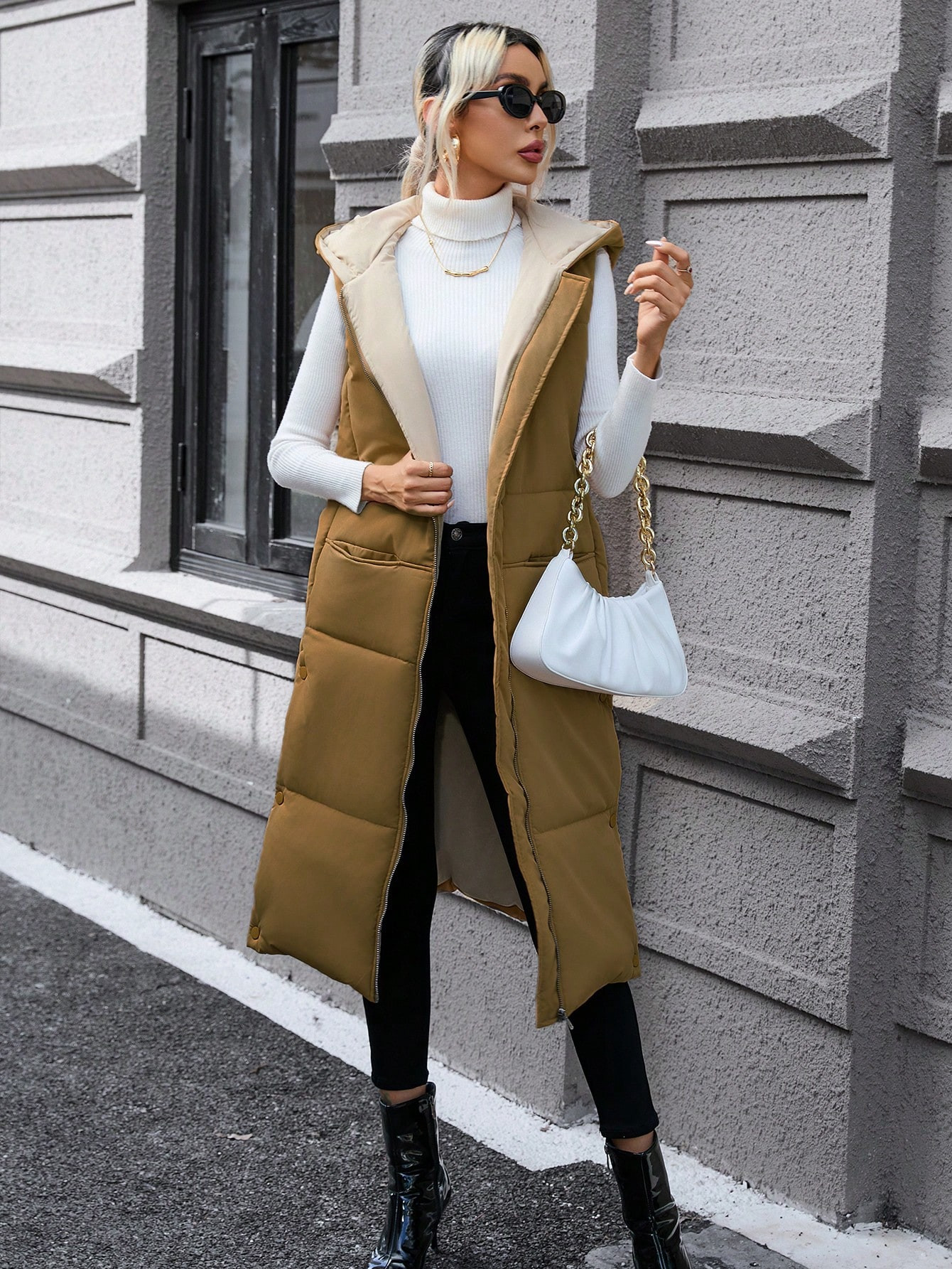 SHEIN Privé Zip Up Hooded Puffer Vest Coat | SHEIN