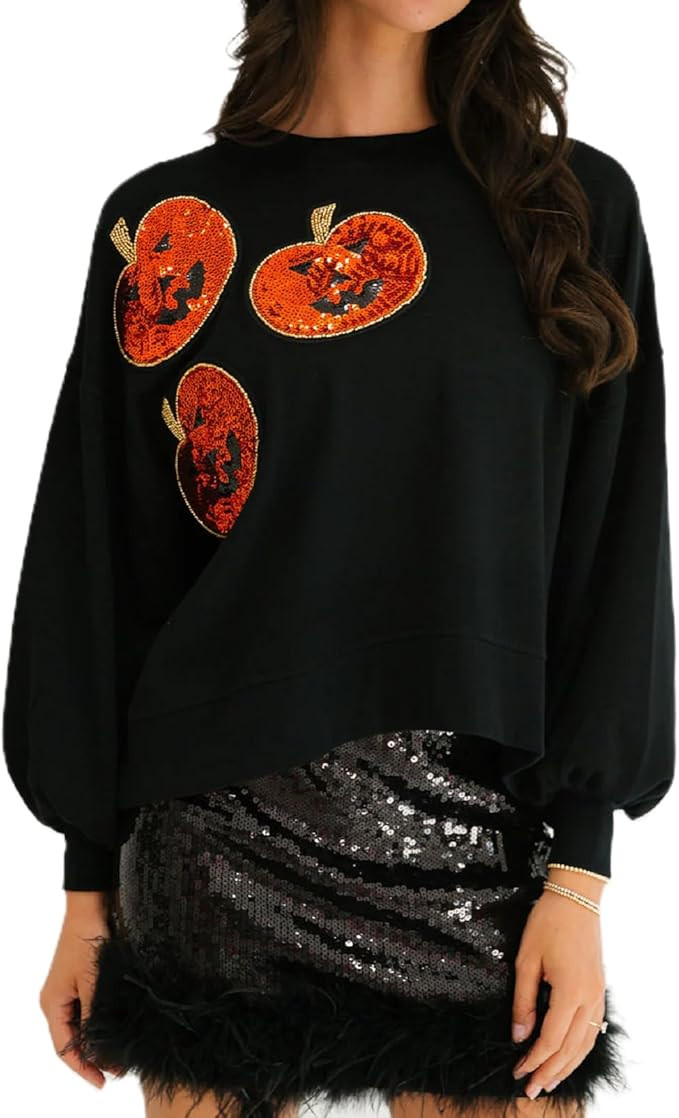 Women Halloween Sequin Sweatshirt Pumpkin Ghost Graphic Oversized Sweater Spooky Season Crewneck ... | Amazon (US)
