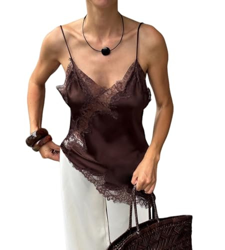 Women Lace Trim Satin Tank Top V Neck Silk Camisole Tops Asymmetrical Backless Spaghetti Strap Ta... | Amazon (US)
