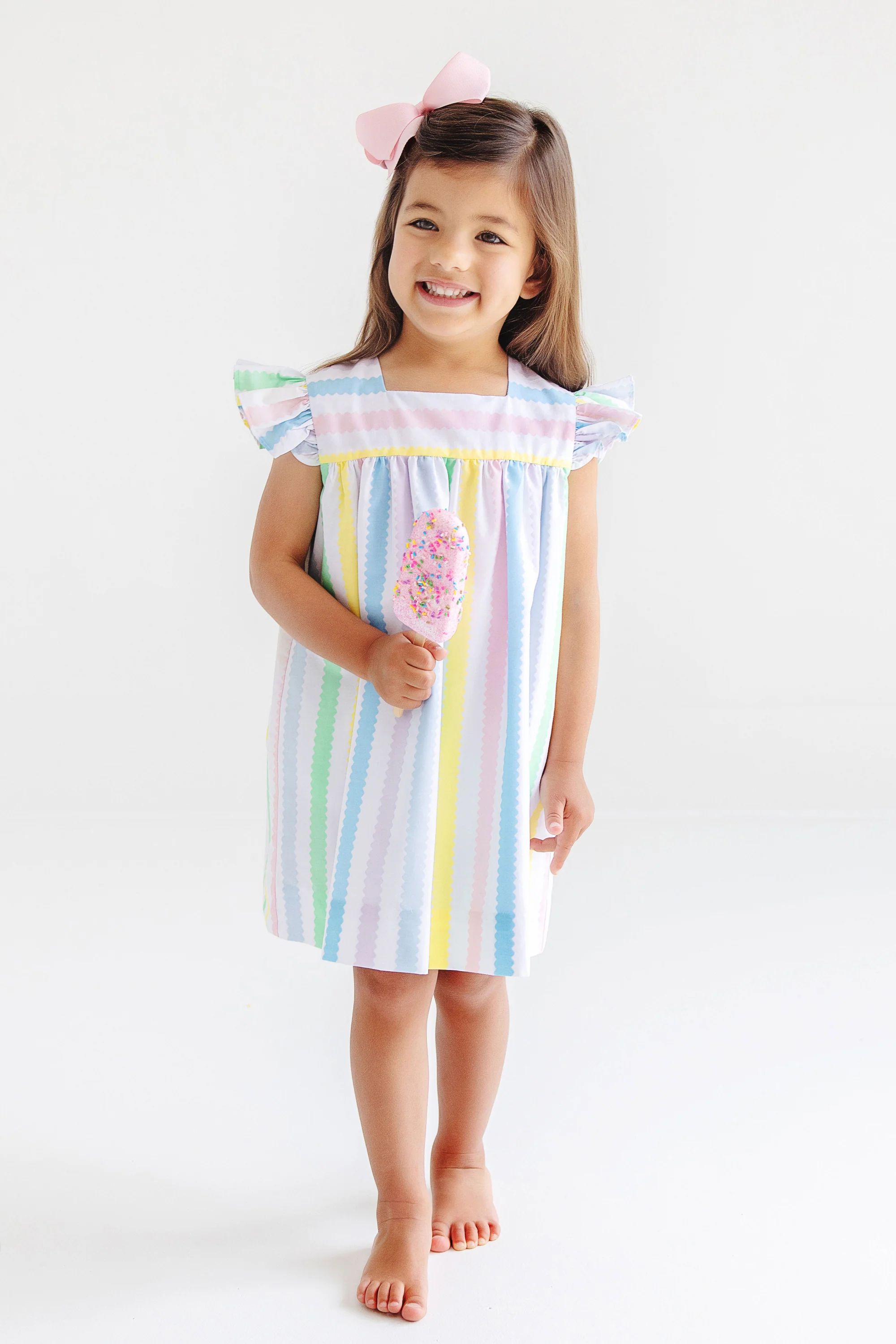 Rosemary Ruffle Dress - Wellington Wiggle Stripe with Pier Party Pink | The Beaufort Bonnet Company