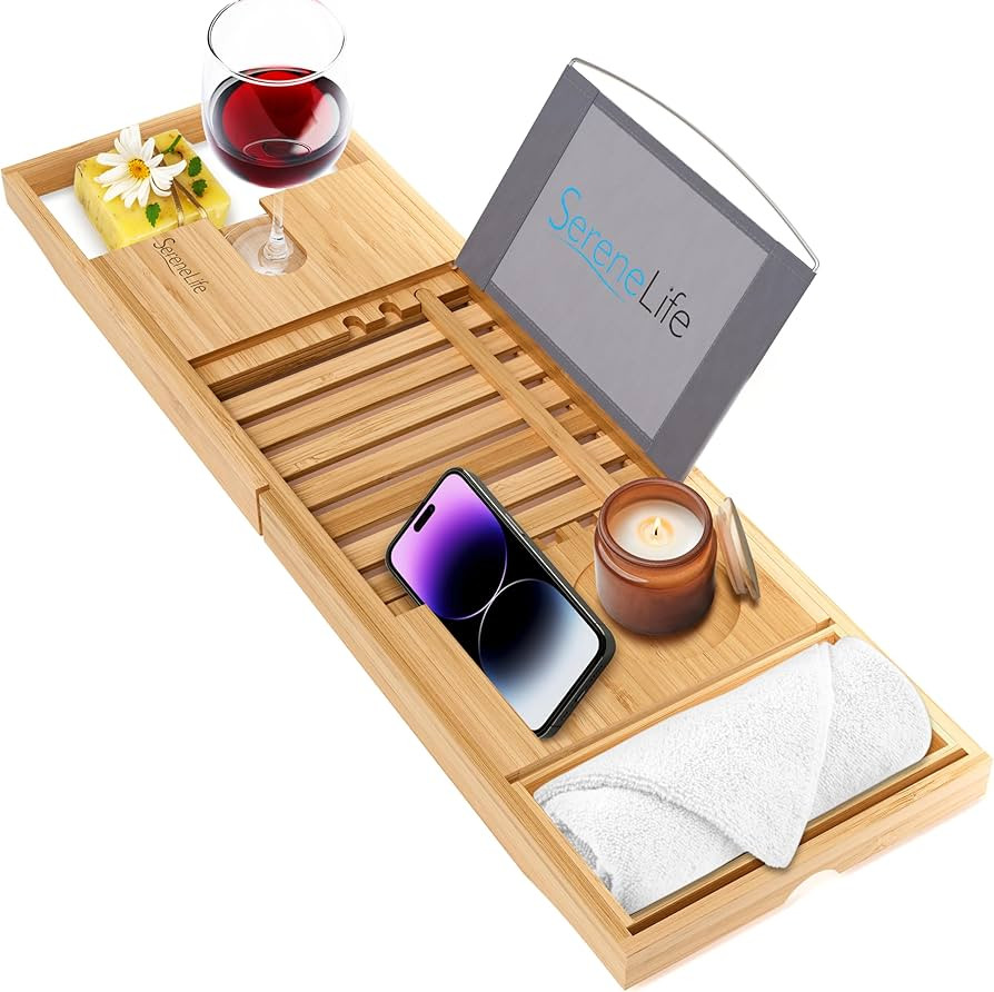 SereneLife Luxury Bamboo Bathtub Caddy Tray - Adjustable Natural Wood Bath Tub Organizer with Win... | Amazon (US)