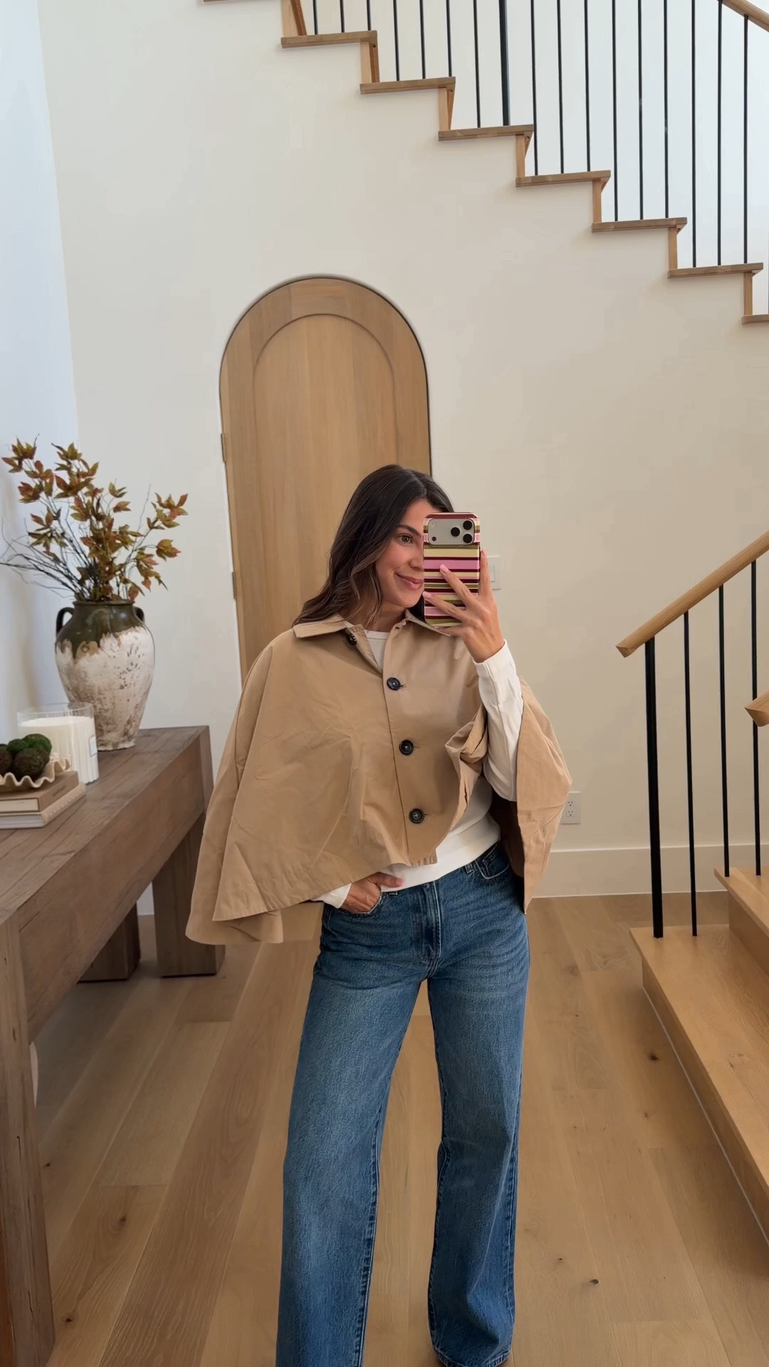 Mango order! Wearing size small in the cape trench and basic tee! On sale right now with code: MNG30 !!! Such a good fall transition piece! Size 25 in the aritzia jeans!