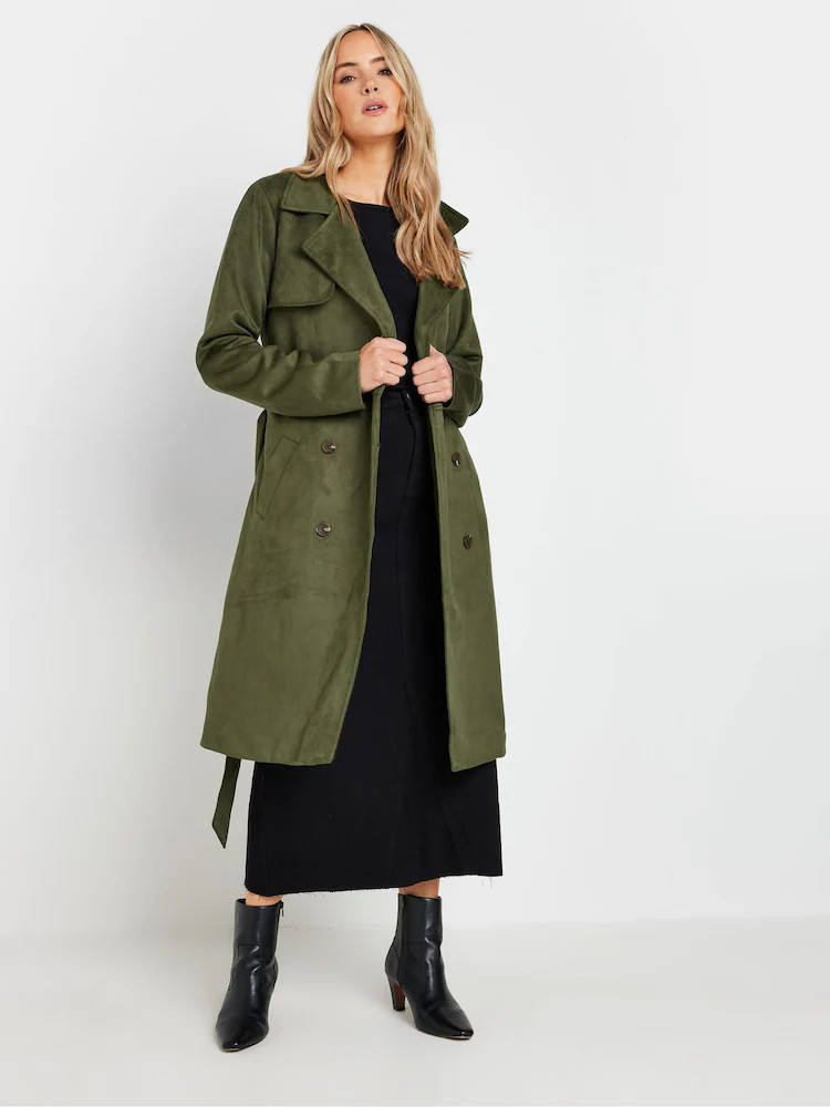 Long Tall Sally Khaki Green Faux Suede Midi Trench Coat | Next US