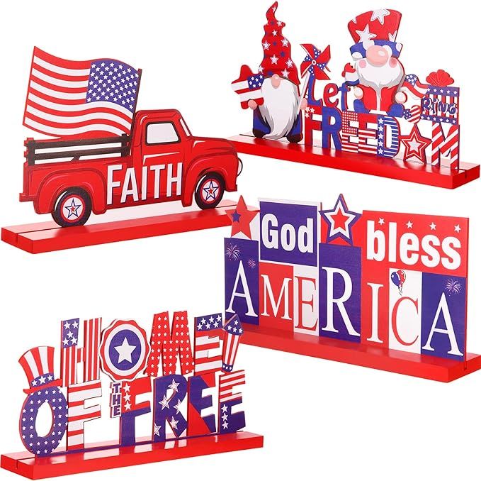 4 Pieces Patriotic Table Decoration 4th of July Wooden Table Centerpiece Independence Day Wood Le... | Amazon (US)