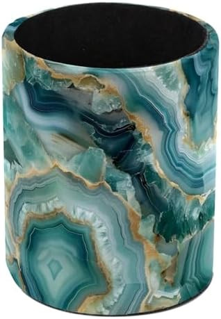 Leather Pen Holder for Desk, Teal Agate Pattern Pencil Organizer Makeup Brush Cup Holders Pen Sto... | Amazon (US)