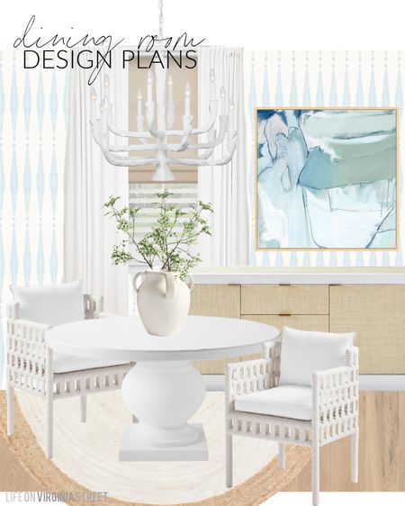 Our Florida coastal dining room design plans! Includes a gorgeous white hand carved chandelier, a round white concrete dining table, white rope dining chairs, a raffia buffet table, blue abstract art, blue patterned wallpaper, and a round jute rug. See more plans here: https://lifeonvirginiastreet.com/additional-coastal-design-boards-for-the-new-build/.
.
#ltkhome #ltkseasonal #ltksalelaert #ltkstyletip #ltkunder50 #ltkunder100 #ltkfind

#LTKhome #LTKsalealert #LTKSeasonal