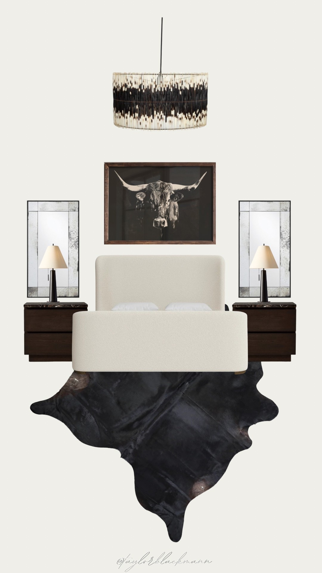 Moody Western Bedroom 

Black Cowhide, longhorn wall art, marble night stands 

#LTKStyleTip #LTKHome