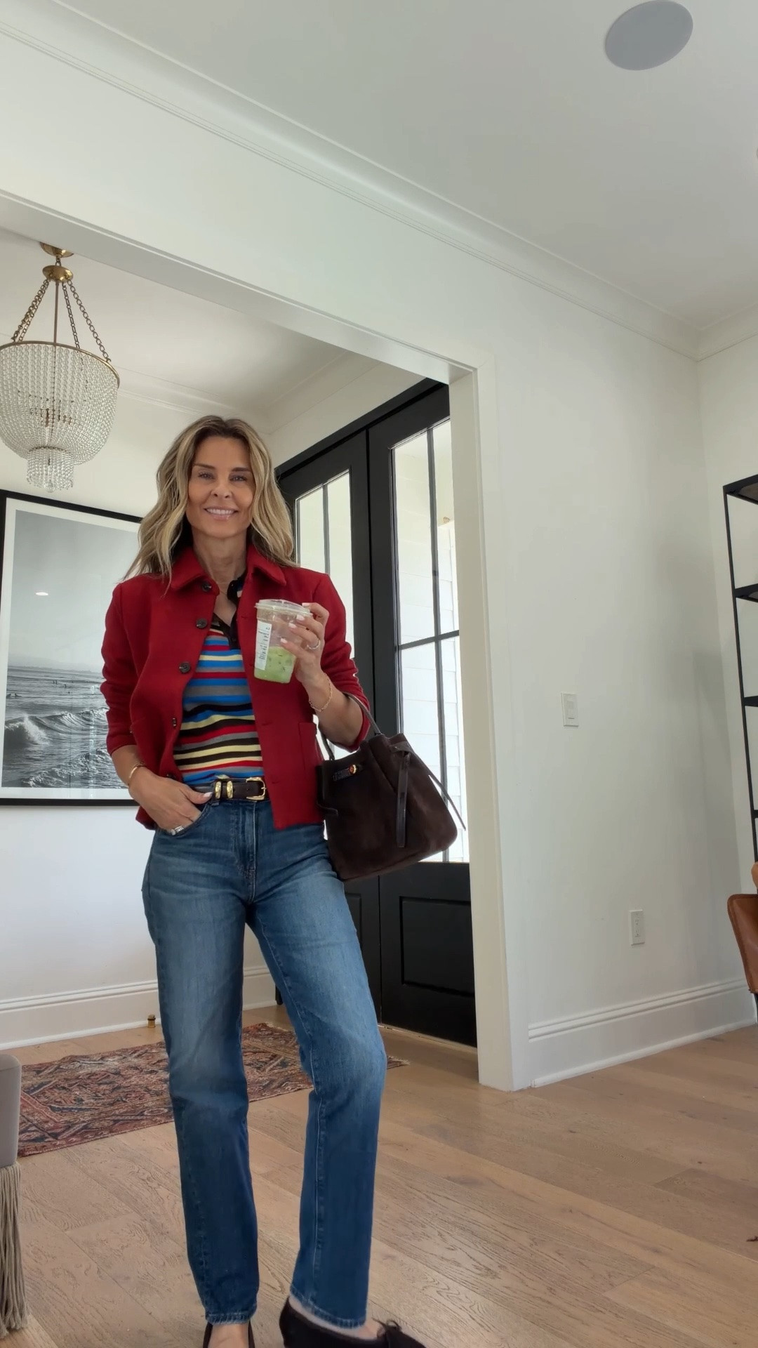 I’m 5’6
-red buttoned jacket XS
-striped short sleeve sweater XS
-brown and brass belt
-blue jeans 24
-suede loafers 6.5
-suede bag with gold hardware