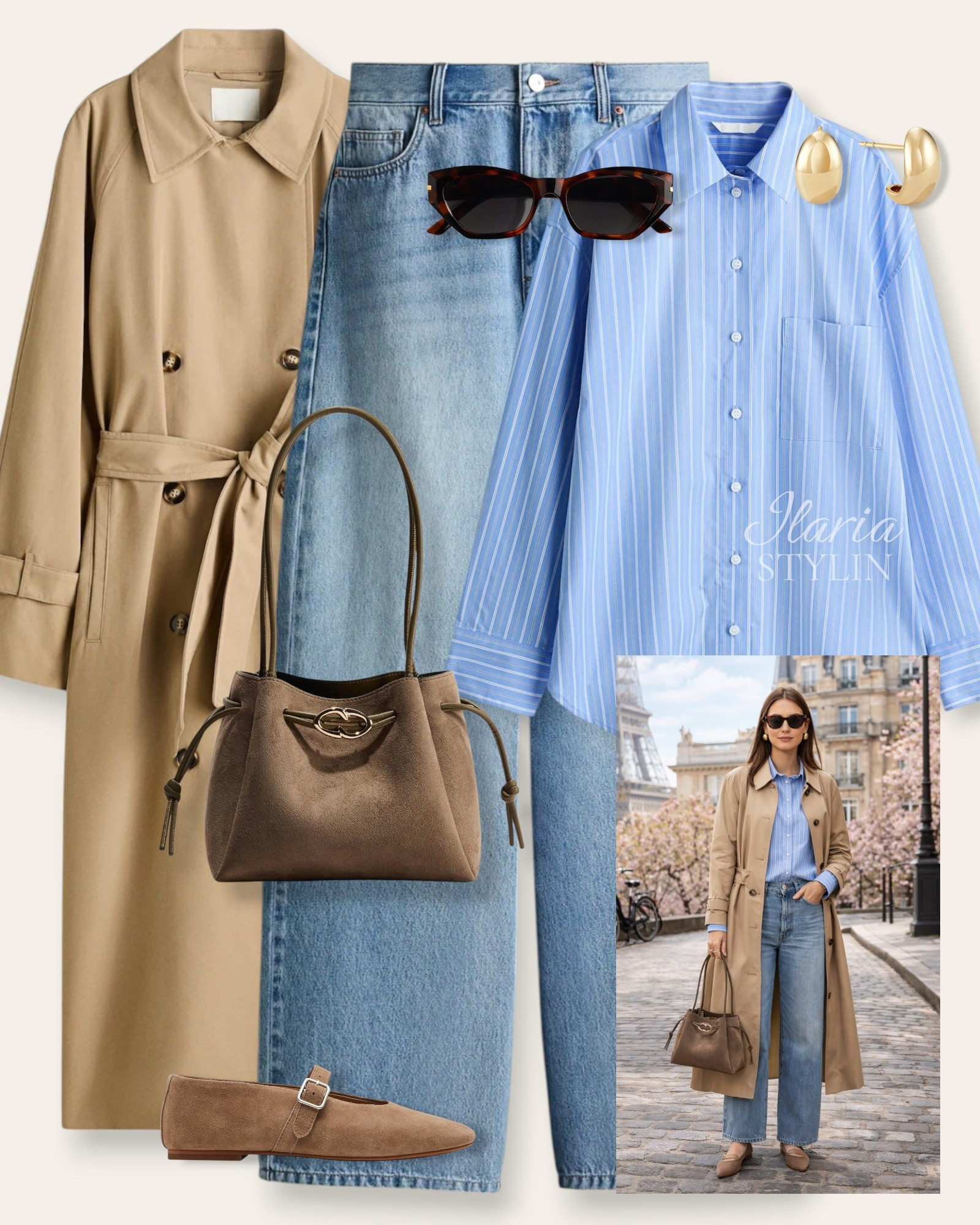 Classic denim meets soft neutrals and a hint of blue 🩵Effortless layers that bring timeless style and everyday elegance together. ✨outfit ideas, spring outfit, beige trench coat, blue shirt, striped shirt, poplin shirt, barrel jeans, jeans outfit, brown flats, suede flats, mary jane flats, taupe bag, suede bag, shoulder bag, casual outfit, casual chic outfit

#LTKootd #LTKSeasonal #LTKWorkwear