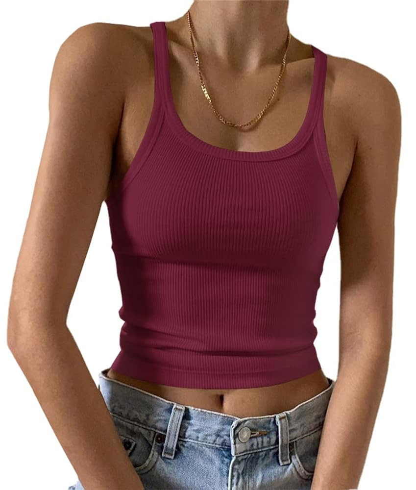 Artfish Women's Sleeveless Tank Top Form Fitting Scoop Neck Ribbed Knit Basic Cami Shirts | Amazon (US)