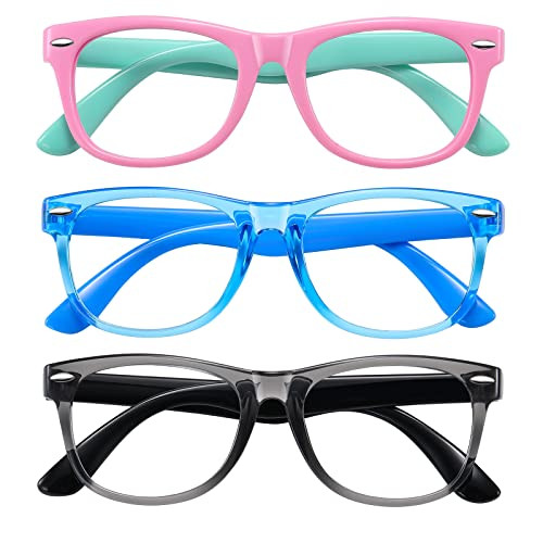 Okany Blue Light Glasses for Kids 3 Pack Blue Light Blocking Glasses for Teen Boys Girls Age 3-10,Computer Screen Gaming TV Phone Glasses Anti Glare,UV & Eye Strain (Grey Black+Pink Green+Blue) | Amazon (US)