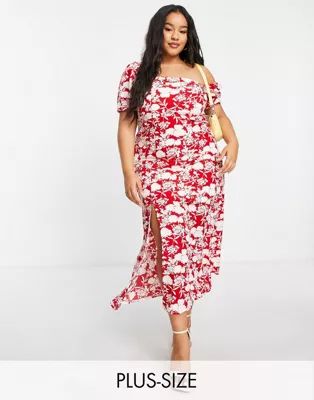In The Style Plus x Jac Jossa flutter sleeve midi dress with thigh split in red floral print | ASOS (Global)