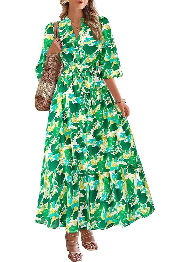 MASCOMODA Womens Floral Maxi Dresses Boho Summer Casual V Neck 3/4 Puff Sleeve Button Down Tie Wa... | Amazon (US)