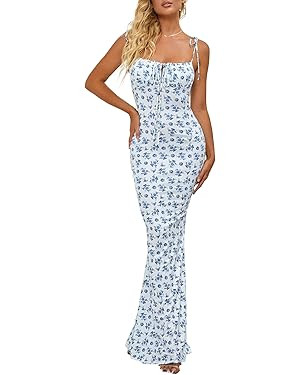 Women's Summer Floral Bodycon Maxi Dress Spaghetti Strap Sleeveless Boho Long Dresses | Amazon (US)