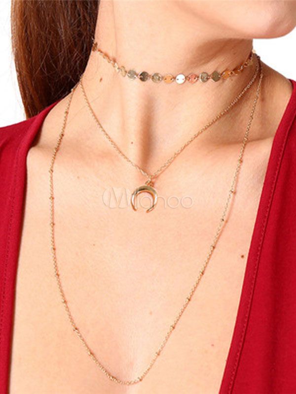 Layered Necklace Women Metal Detail New Moon Alloy Gold Necklace | Milanoo