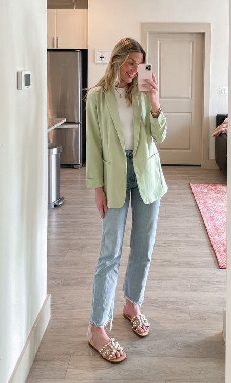 Casual Spring work outfit! Loving this pastel colorful green blazer from Nordstrom (size s). Paired with a basic white bodysuit (m) agolde light wash jeans (26) and my fav Sam Edelman Pearl sandals (8, true to size). 
#springoutfit #casualoutfit #womensworkwear #springworkwear #summertops #amazonfind #blazer #colorfulblazer #summerworkwear

#LTKstyletip #LTKworkwear #LTKSeasonal