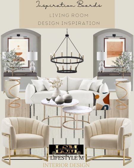 Bright and trendy living room design inspiration. Recreate the look at home. White sofa, white brass gold accent chair, white brass gold coffee table, white living room rug, throw pillow, table vase, faux fake plant, white planter, faux fake tree, table lamp, white gold end table, living room wheel chandelier, black console table, wall art, led gallery light.

#LTKhome #LTKstyletip #LTKFind