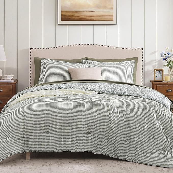 Queen Comforter Set - 7 Pieces Green Gauze Muslin Bedding Sets for All Seasons, Lightweight Breat... | Amazon (US)