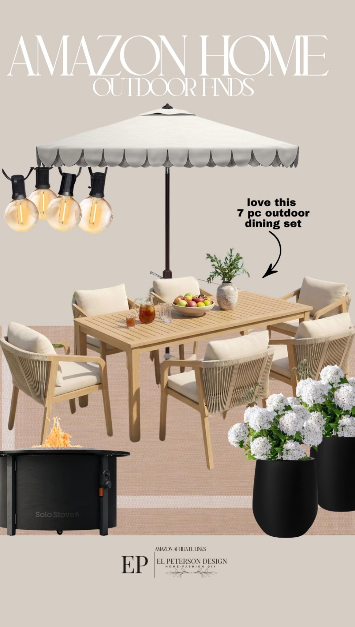 Amazon Outdoor
7 pc outdoor dining set
Outdoor umbrella
String lights
Planter
Faux flowers
Fire pit
Outdoor rug 
Outdoor umbrella 

#LTKHome