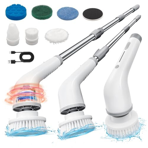 Electric Spin Scrubber, Cordless Electric Cleaning Brush with Adjustable Handle and 8 Brush Heads, Two Speeds up to 450 RPM Electric Brush Cleaner for Bathroom, Floor, and Sink Cleaning(Gray) | Amazon (US)