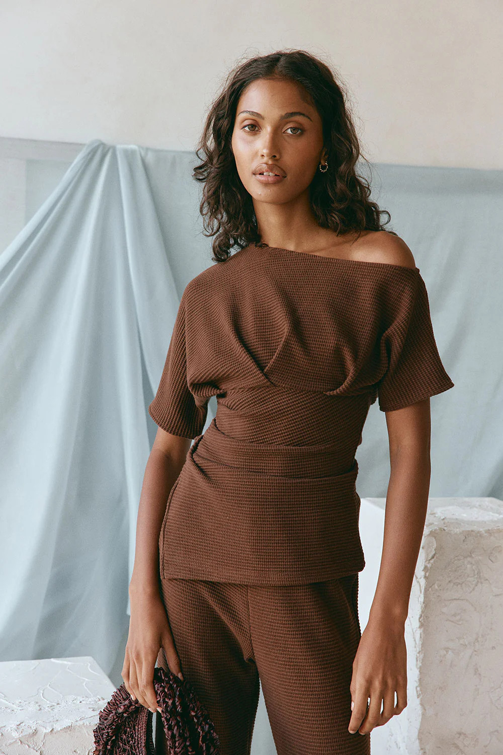 Chocolate Brown Waffle One Shoulder Ruched Malika Top | Sabo Skirt US