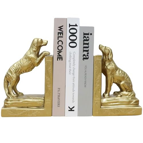 Iemegumi Dog Book Ends for Shelves - Gold Bookends for Heavy Books - Creative Resin Animal Stopper to Decorative Vintage Home Bookshelf Table Office Desk, Figurine Decor Gifts for Book Lover | Amazon (US)