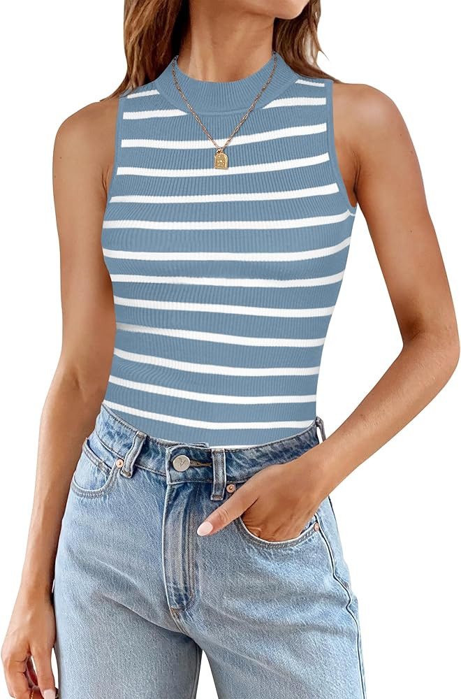 ZESICA Womens Ribbed Tank Tops High Neck Slim Fitted Striped Basic Casual Summer Sleeveless Shirt... | Amazon (US)