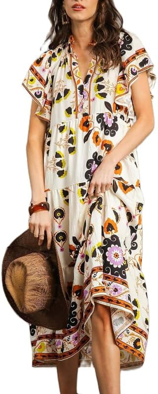 Juakoso Women Boho Floral Print Midi Dress Loose V Neck Short Sleeve Ruffle Maxi Dress Flowy Smoc... | Amazon (US)