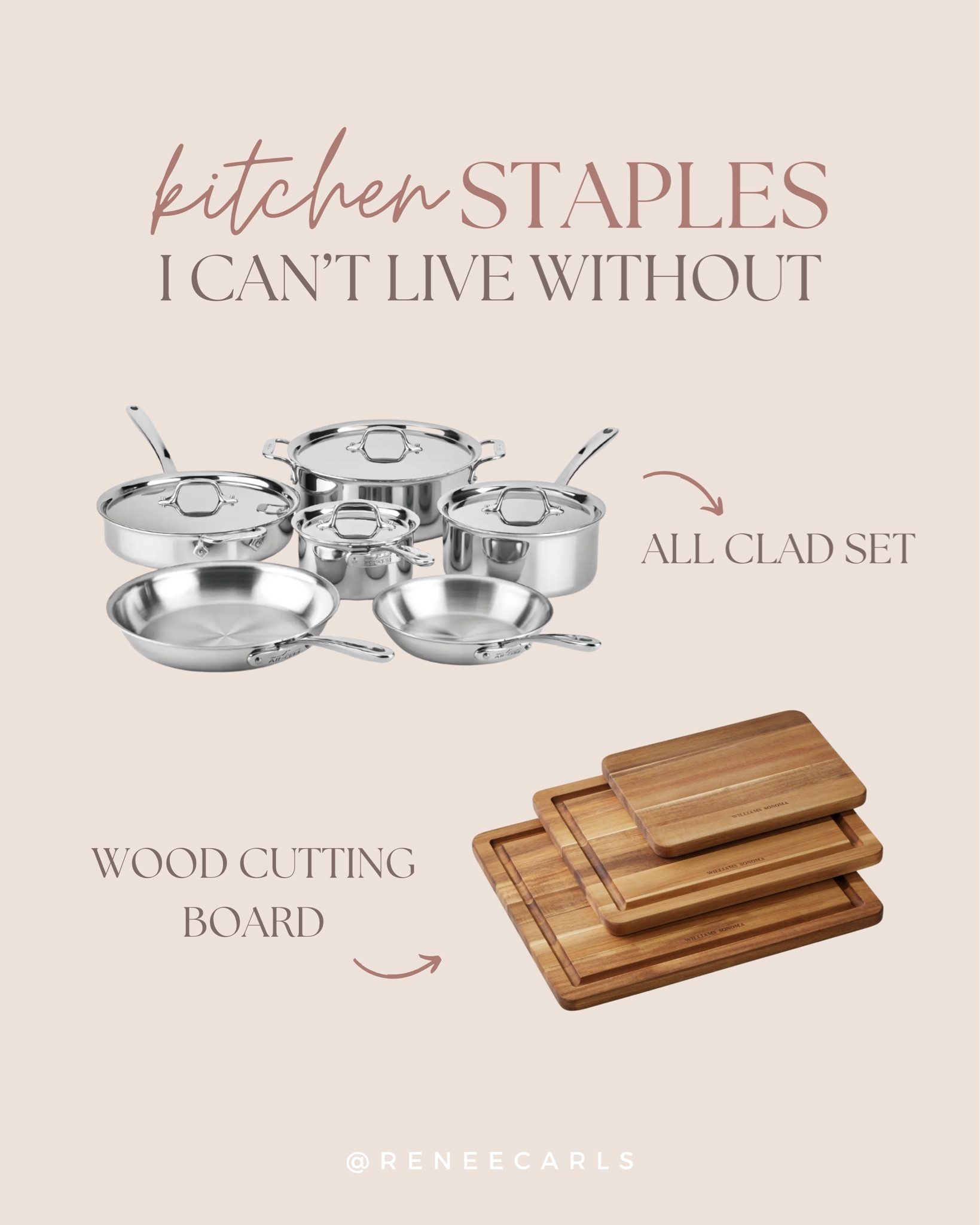 Yall know we just got through a MAJOR kitchen renovation a couple months ago. After the chaos of the renovation (If you’ve ever gone through it before, you know) I got a couple new pieces for my kitchen that have quickly become my favorites. Sharing them here with you today. My BELOVEDDD all clad cookware. Oh how I love this set! And these beautiful Williams Sonoma wood cutting boards! I’ve ditched the plastic ones and am loving wooden ones as a cleaner non toxic alternative.

#LTKHome #LTKOver40