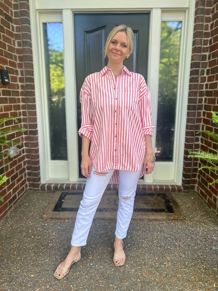 We love a good striped button-up shirt this time of year!

#LTKover40 #LTKSeasonal #LTKstyletip