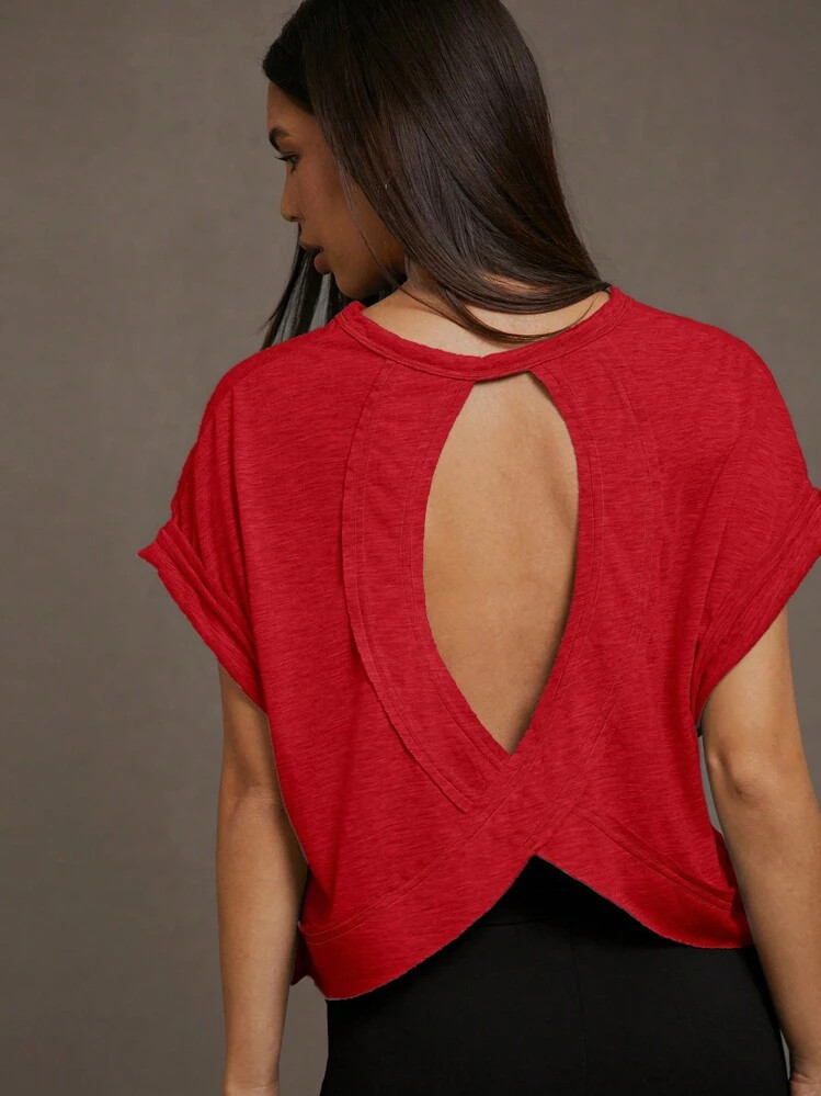 SHEIN Essnce Women Round Neck Plain Backless Casual Daily Spring And Summer Short-Sleeved T-Shirt | SHEIN