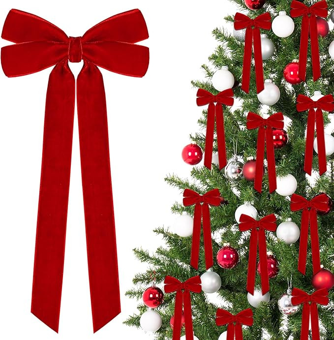 MUKOSEL 12Pcs 5in X 10in Red Velvet Ribbon Bows Christmas Tree Decorations, Xmas Ornaments Vintag... | Amazon (US)