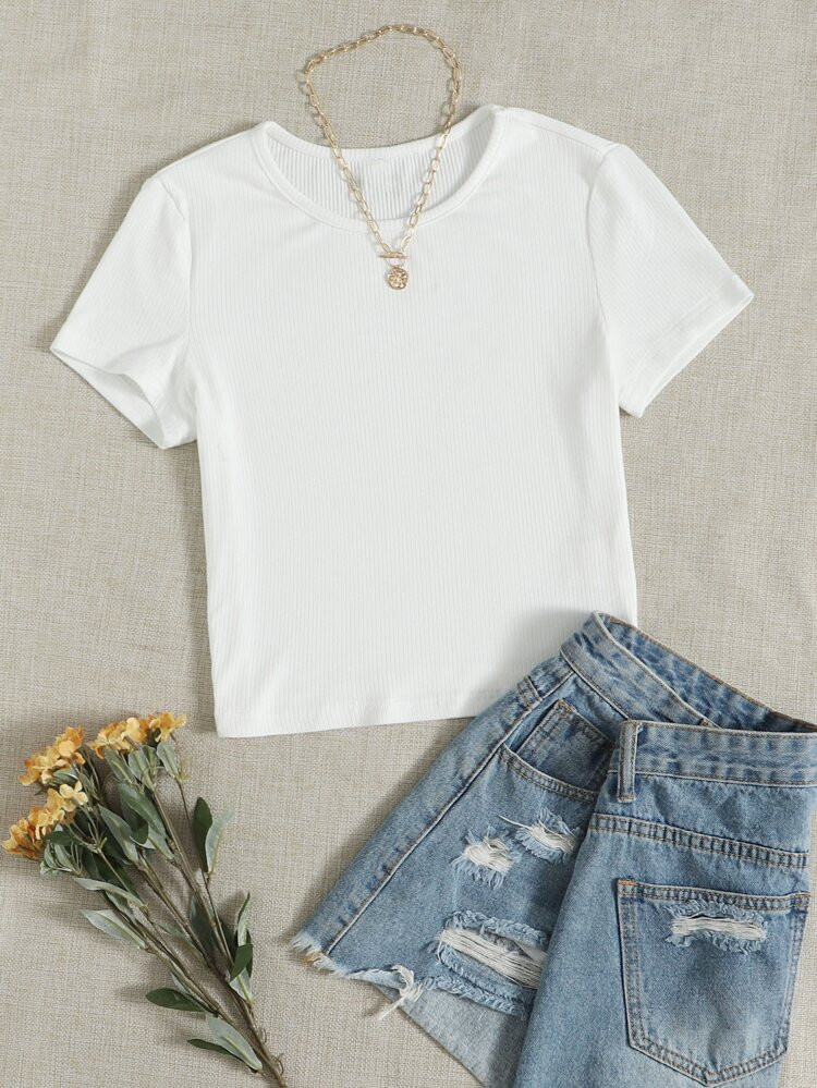 SHEIN Rib-knit Solid Tee | SHEIN