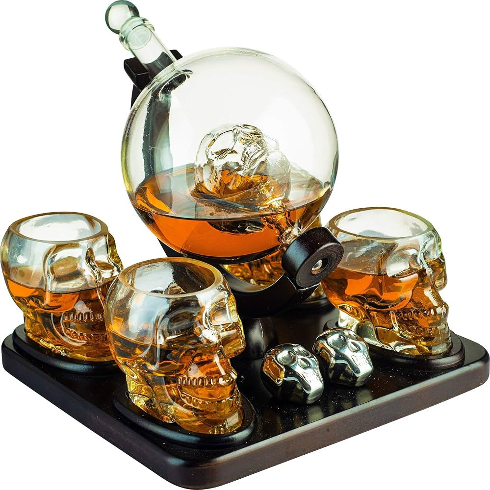 Skull Skeleton Wine & Whiskey Globe Decanter Set 850 mL With 4 Skull Head 3oz Skeletons Shot Glas... | Amazon (US)