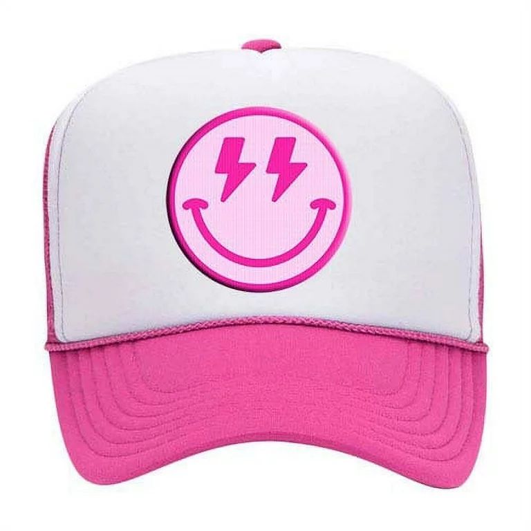 Pink Happy Face Lightning Eyes Smile Face Unisex Embroidered Foam Front Mesh Back Trucker Hat, Wh... | Walmart (US)