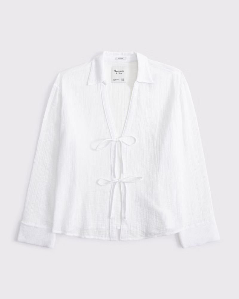 Abercrombie & Fitch Women's Long-Sleeve Oversized Tie-Front Gauzy Shirt in White - Size XXS | Abercrombie & Fitch (US)