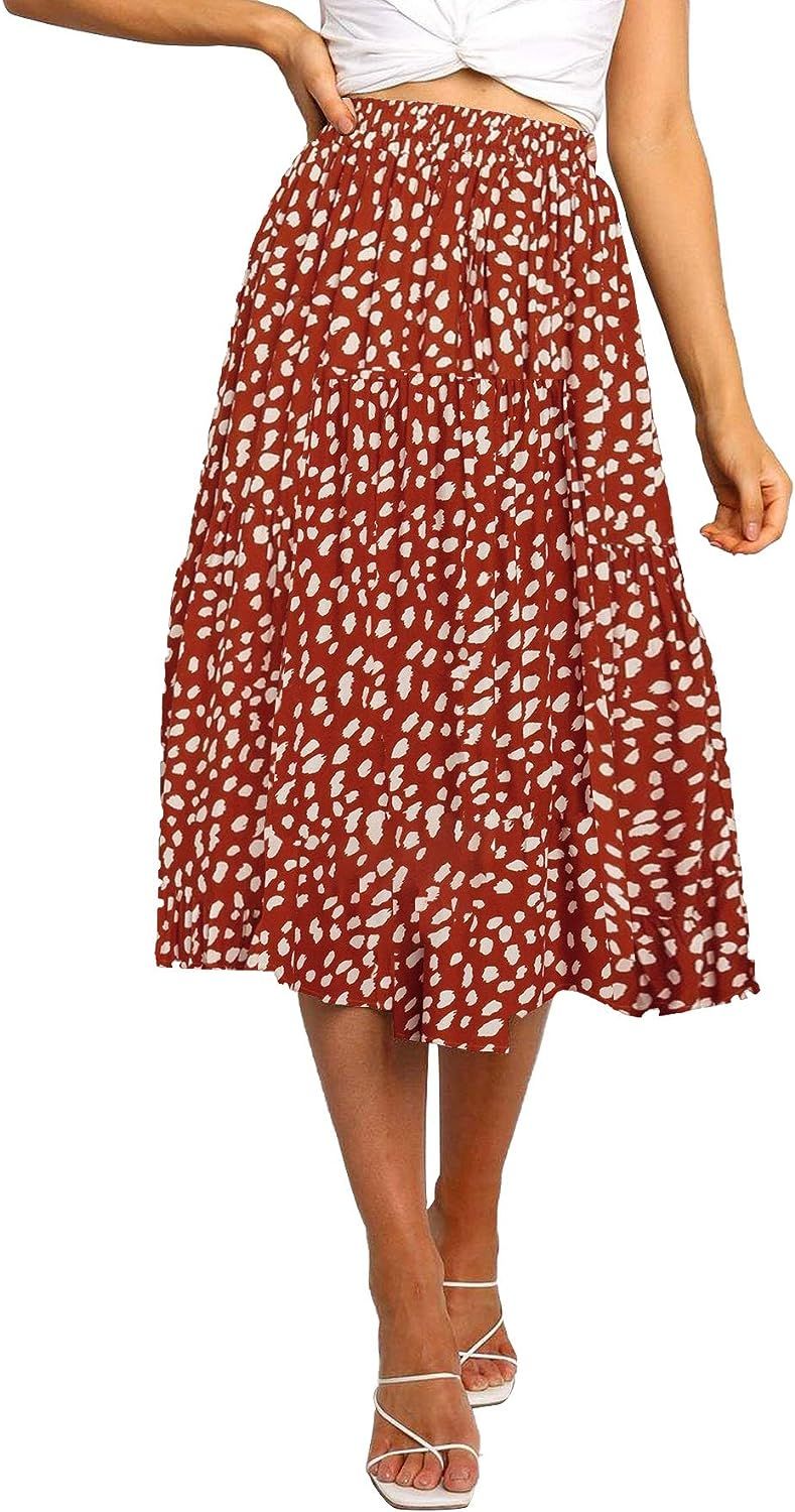 MEROKEETY Women's Leopard Print Elastic High Waist Pleated A-Line Swing Midi Long Skirt | Amazon (US)