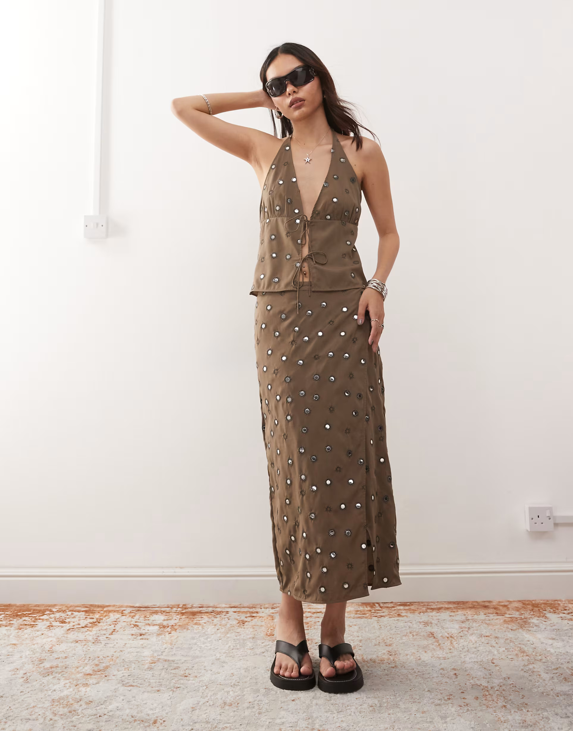 Weekday halter neck top with mirror sequin embellishment in khaki - part of a set | ASOS | ASOS (Global)