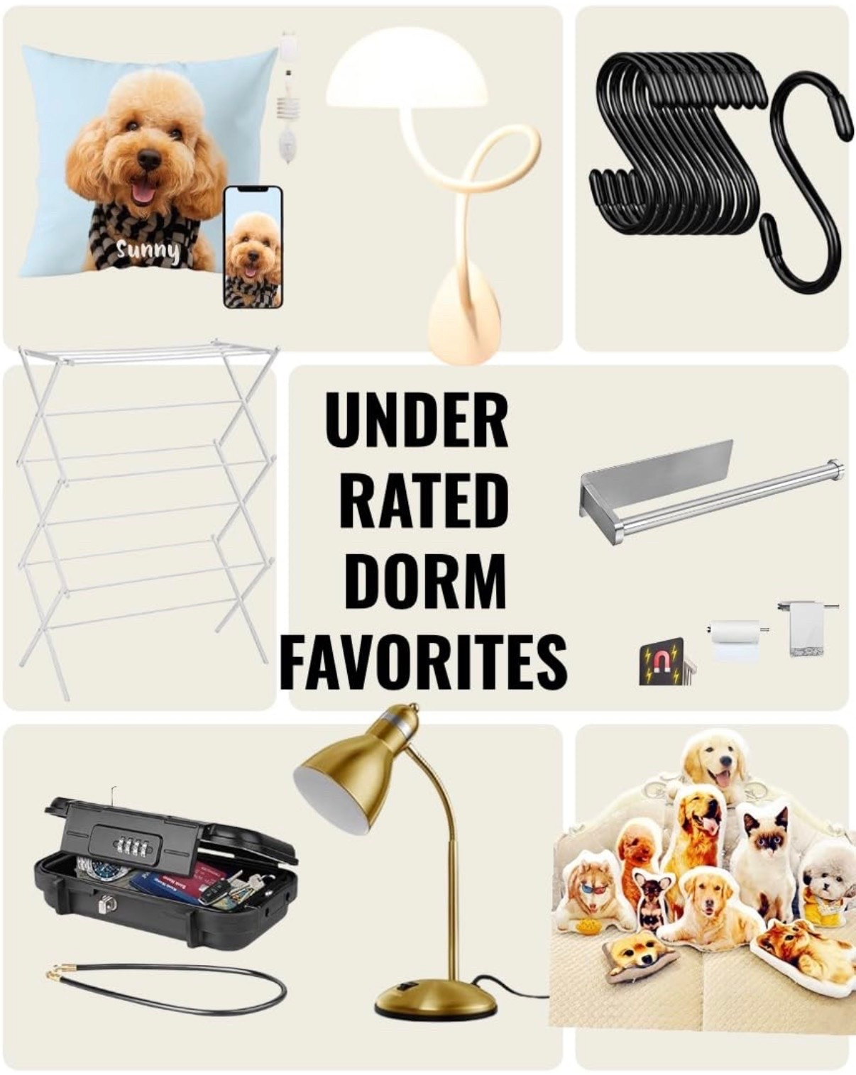 Underrated dorm favorites that make college life easier, over-the-door S hooks for extra storage, a compact drying rack for air drying clothes, magnetic paper towel holders for small dorm rooms, a portable lockbox for cash, passports, and valuables, cordless and rechargeable dorm lighting, custom pet pillows for homesick students, and cute pet-shaped pillows for dorm beds. Practical dorm essentials and small space organization finds that are actually useful for everyday college living.

#LTKU #LTKmomlife